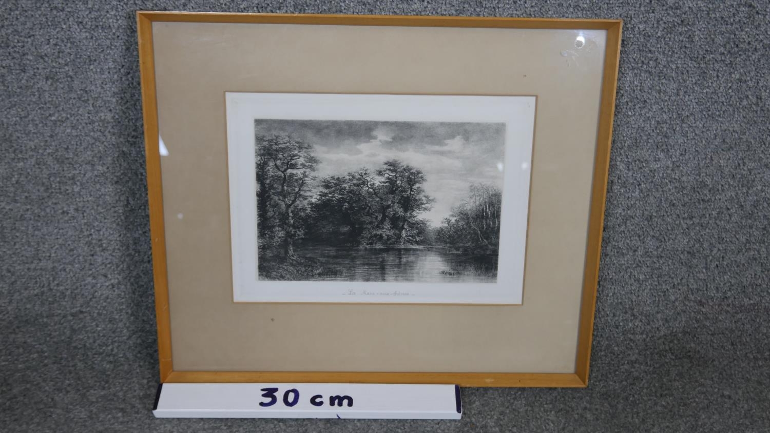 A framed and glazed etching of a lake scene titled 'La Mare aux Chenes'. H.37 W.43cm - Image 4 of 4