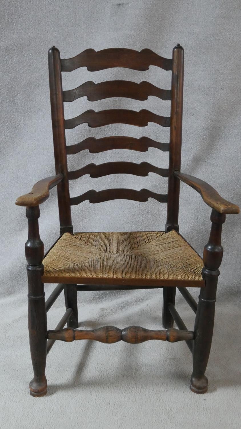 A matched set of six 19th century elm Lancashire ladderback dining chairs on turned stretchered - Image 9 of 10