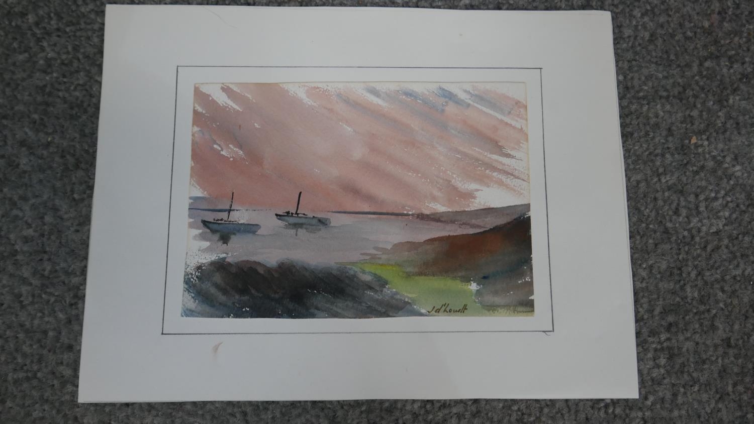 Jean D'hondt (1930-) Three unframed watercolours of landscapes with sailing boats. Signed by artist. - Image 2 of 10