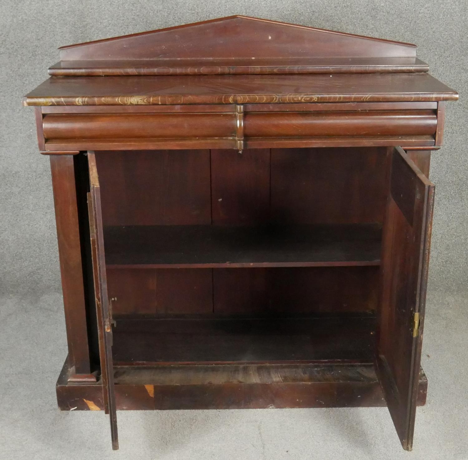 A mid 19th century flame mahogany chiffonier with raised back above frieze drawers and arched - Image 2 of 7