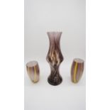 Three Art Glass vases with orange and purple coloured marbling to the clear glass with opaque