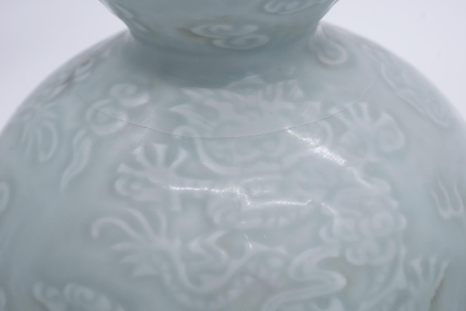 A pair of Chinese green celadon glaze dragon design triple gourd vases. Qianlong mark to the - Image 5 of 5