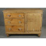 A Victorian pine kitchen dresser on turned bulbous supports. H.90 W.120 D.46cm