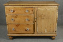 A Victorian pine kitchen dresser on turned bulbous supports. H.90 W.120 D.46cm
