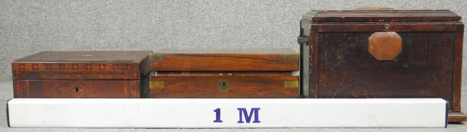 A 19th century Tunbridge inlaid writing slope, a similar walnut and brass bound box along with a - Image 8 of 8
