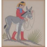 Harrison Begay- A framed and glazed coloured lithograph of a native Indian and a donkey. Signed in