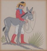 Harrison Begay- A framed and glazed coloured lithograph of a native Indian and a donkey. Signed in