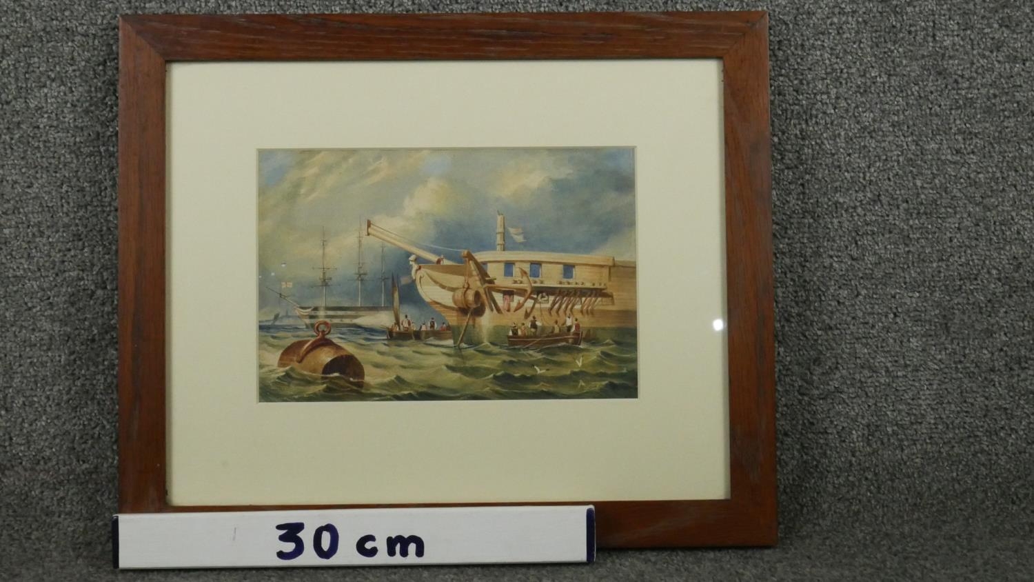 A framed and glazed 19th century watercolour of sailing boats with crew going ashore. Unsigned. H.35 - Image 6 of 6