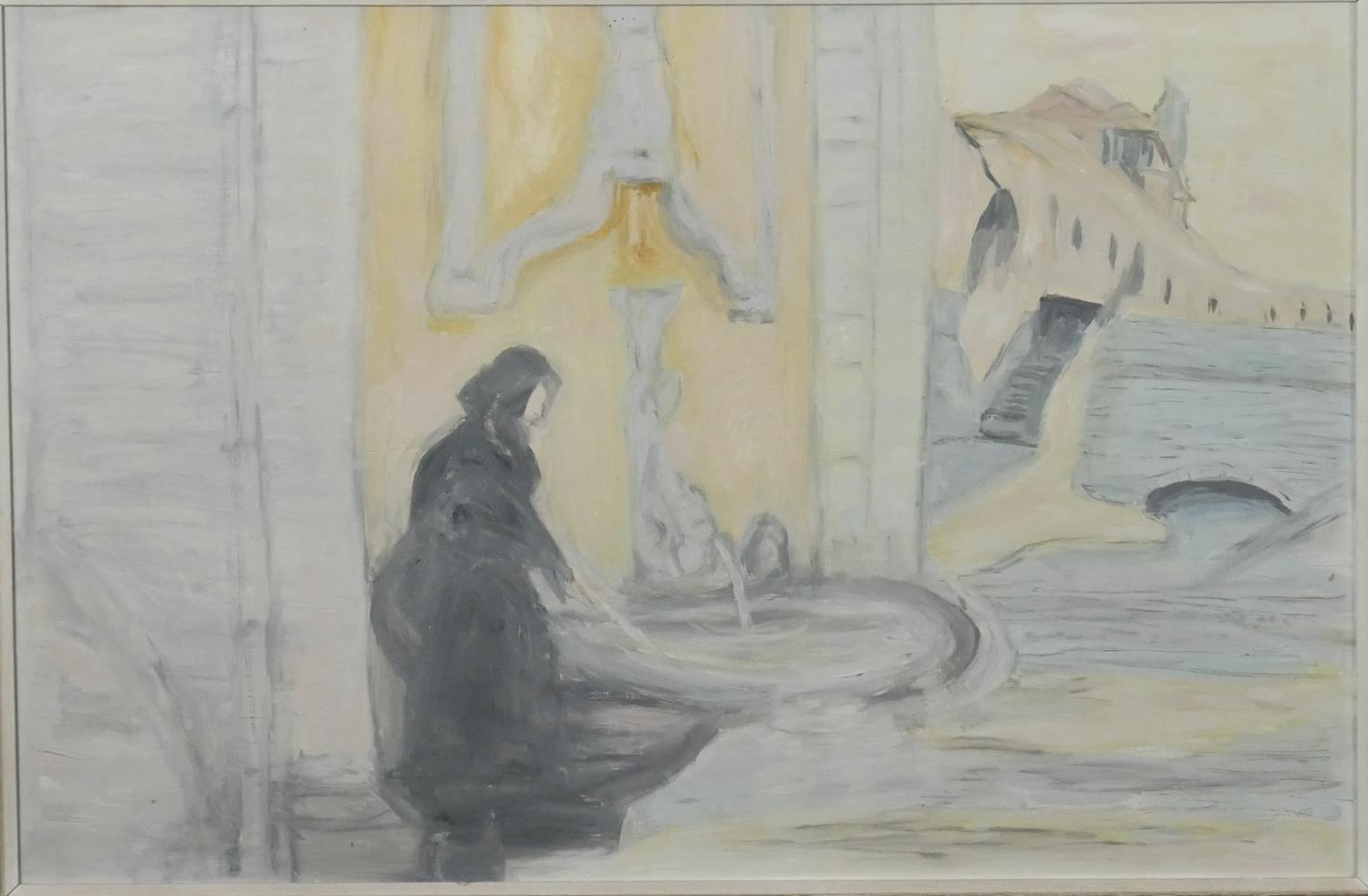 Two framed oils on board, The Street and The Fountain by Elizabeth Darrah, artist's labels to the - Image 4 of 7