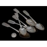 A collection of six silver dessert spoons. Including a pair of Russian silver spoons, maker