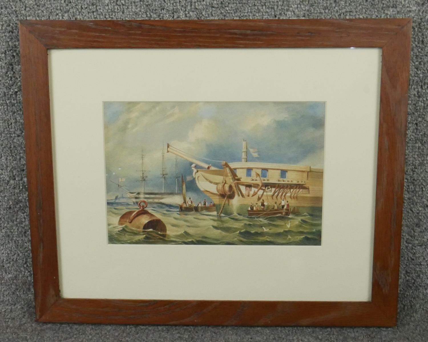 A framed and glazed 19th century watercolour of sailing boats with crew going ashore. Unsigned. H.35 - Image 2 of 6