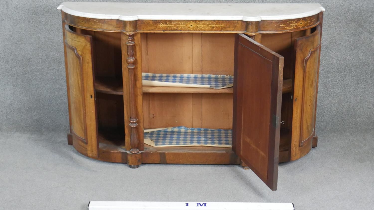 A Victorian burr walnut and satinwood Arabesque inlaid credenza with marble top above cupboards on - Image 2 of 4