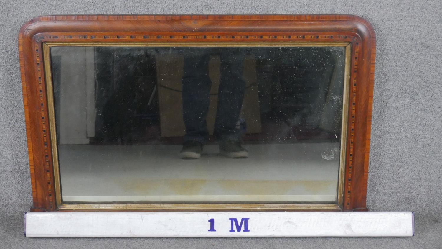 A Victorian walnut Tunbridge inlaid overmantel mirror with original plate in gilt slip resting on - Image 3 of 3