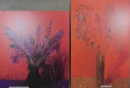 Two very large prints on board of floral still life oil paintings. H.180 W.117cm