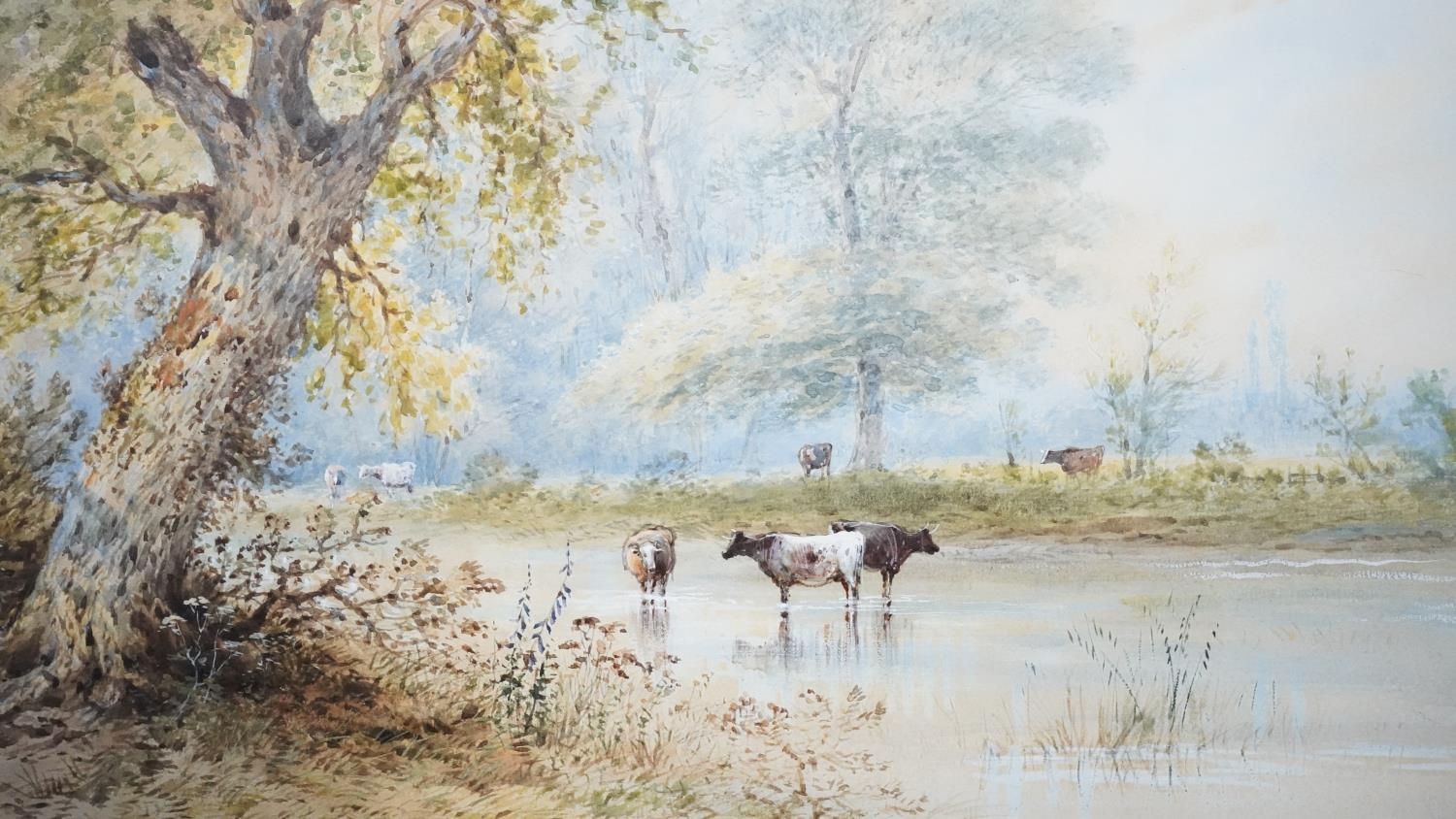 Two framed and glazed watercolours. One of a river with cows and one of swallows. H.46 W.66 - Image 6 of 8