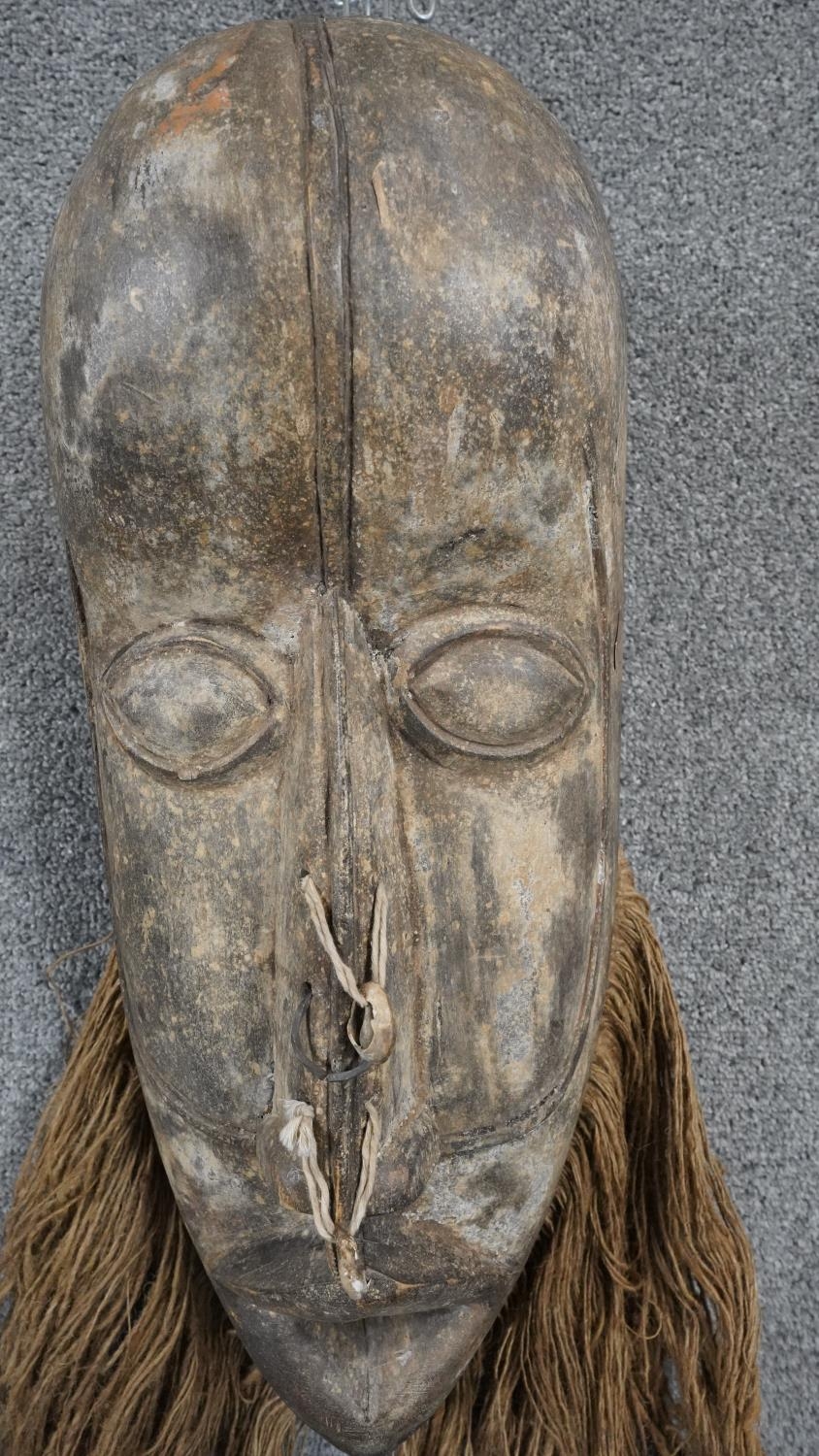 A vintage Republic of Congo carved wooden tribal mask with straw fibre beard and cowrie shell - Image 3 of 7