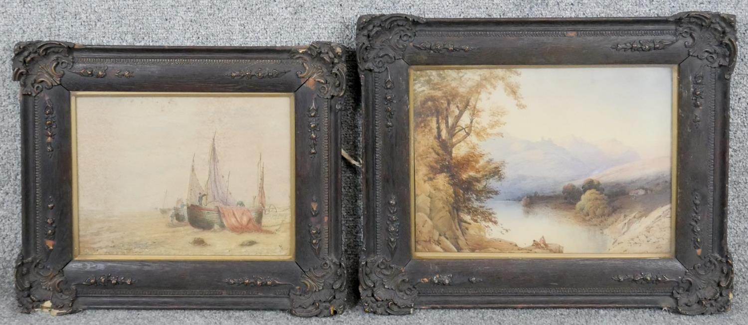 Two carved framed and glazed 19th century watercolours of landscapes. One of sailing boats on the