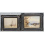 Two carved framed and glazed 19th century watercolours of landscapes. One of sailing boats on the