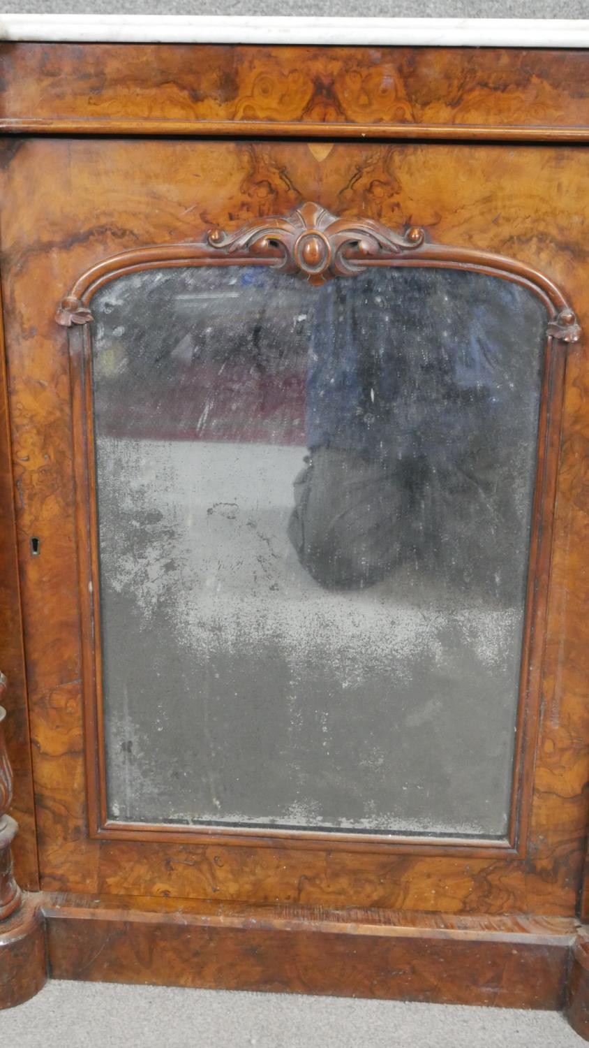 A Victorian burr walnut credenza with marble top and original plate glass. H90 W136 D48 - Image 3 of 4