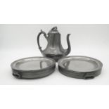A 19th century pewter Shaw & Fisher gourd teapot with two pewter twin handled warming dishes by