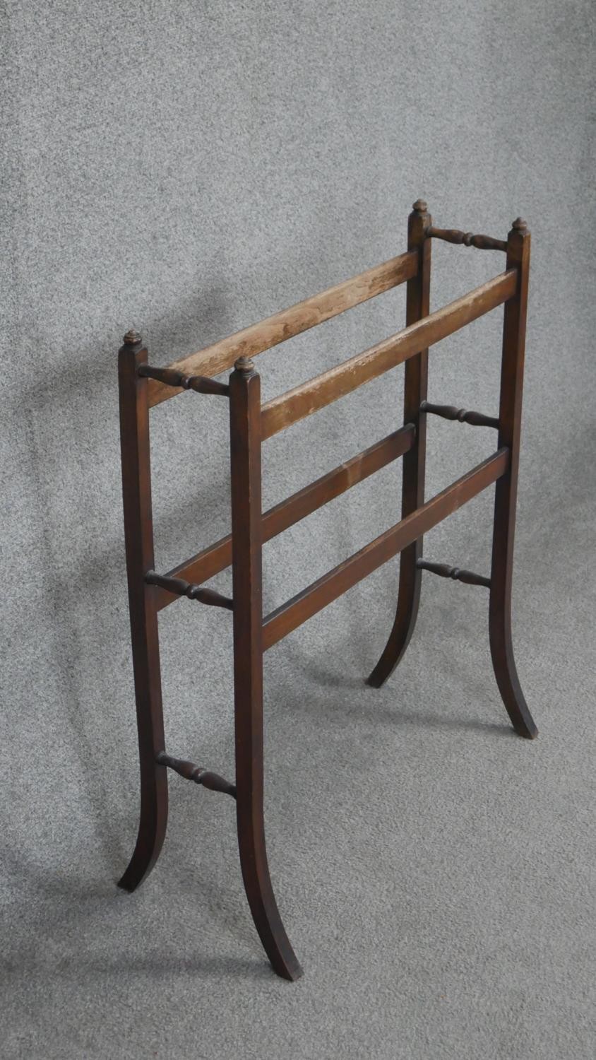 A C.1900 stained beech towel rail on swept supports. H80 W67cm - Image 3 of 3
