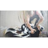 A framed oil on canvas by Anwen Roberts titled 'Shearing no 15. Indistinctly signed and dated to