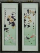 Two framed and glazed Oriental relief works made from different types of sea shells, with