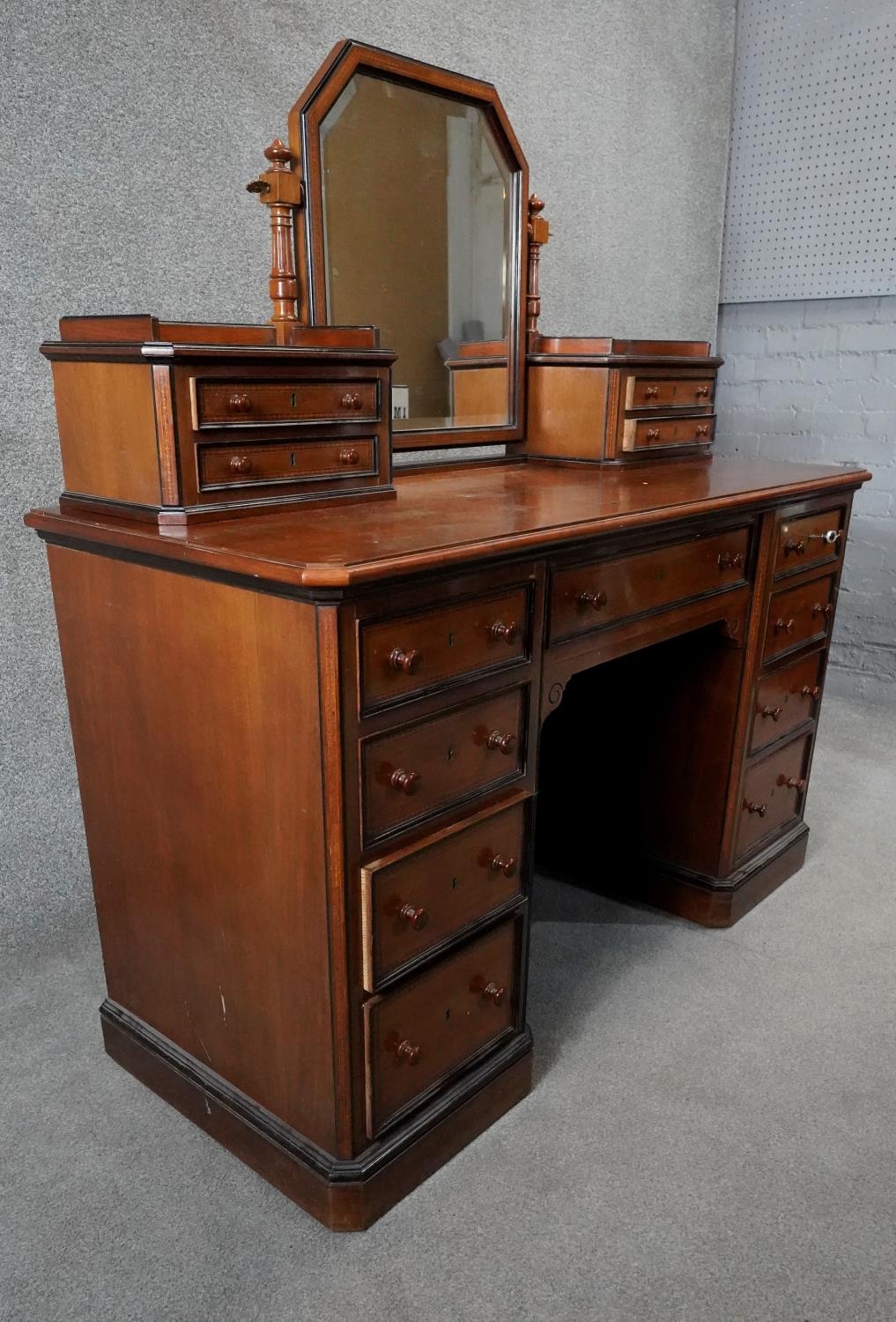 A 19th century Continental walnut, ebonised and inlaid dressing table with bevelled swing mirror - Image 3 of 5