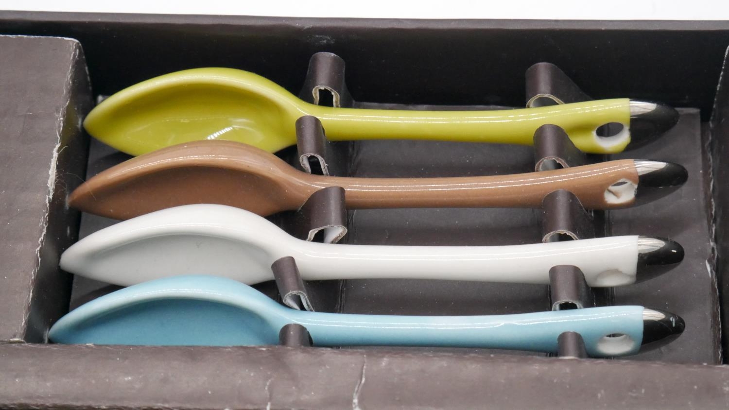 A boxed Bruno Evrard coloured four person coffee set. Each of the cups has a chrome glaze handle and - Image 4 of 8