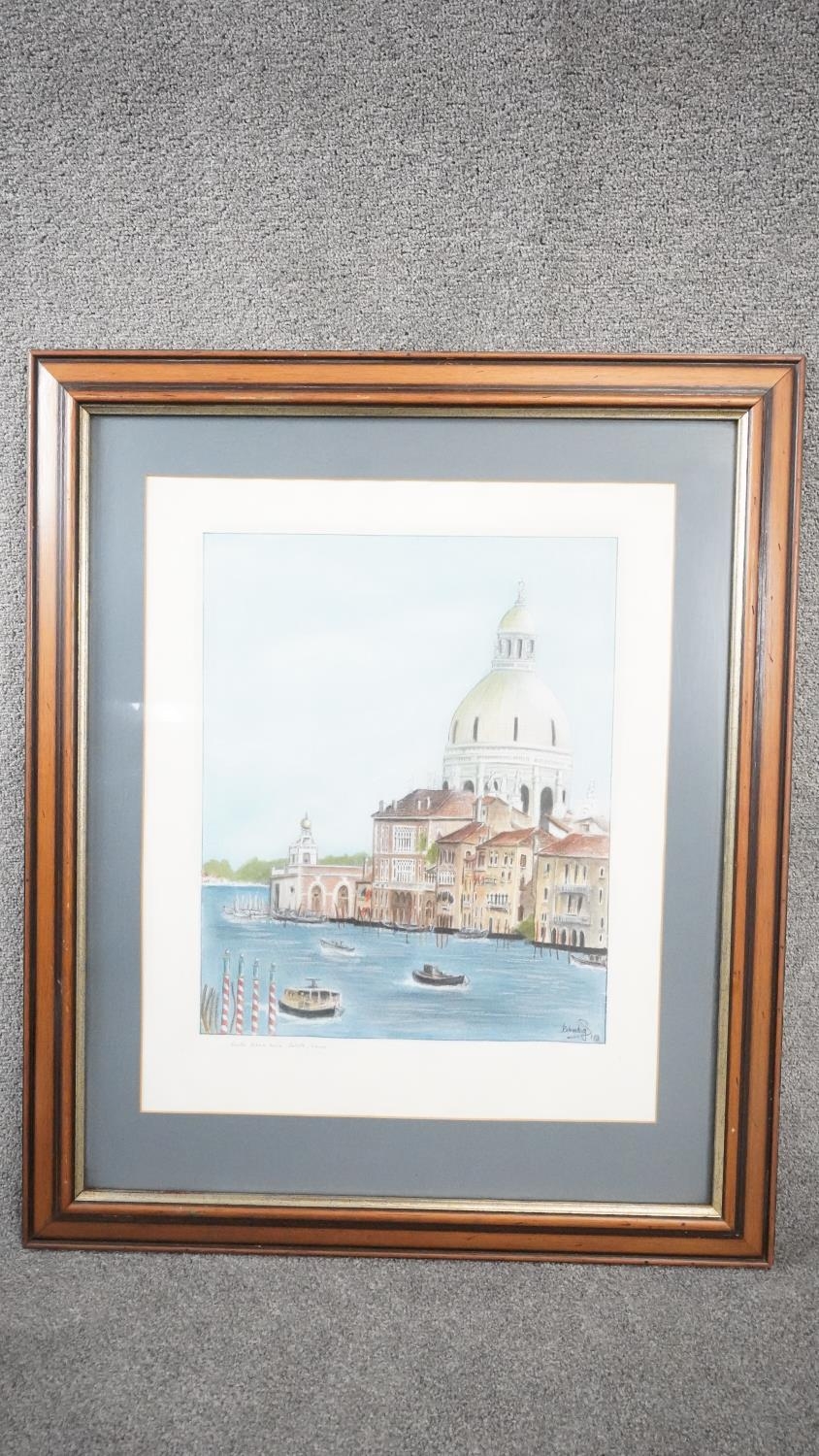 A framed and glazed watercolour of Santa Maura Della Salute. Indistinctly signed. H.89 W.75 - Image 2 of 6