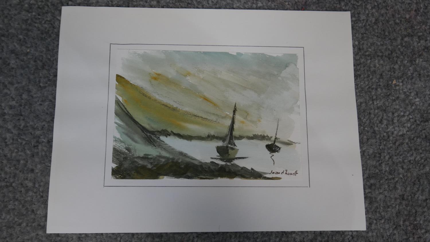 Jean D'hondt (1930-) Three unframed watercolours of landscapes with sailing boats. Signed by artist. - Image 5 of 10