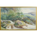 A C.1900 framed and glazed watercolour, upland stream, signed J Holland. H.49 W.66cm