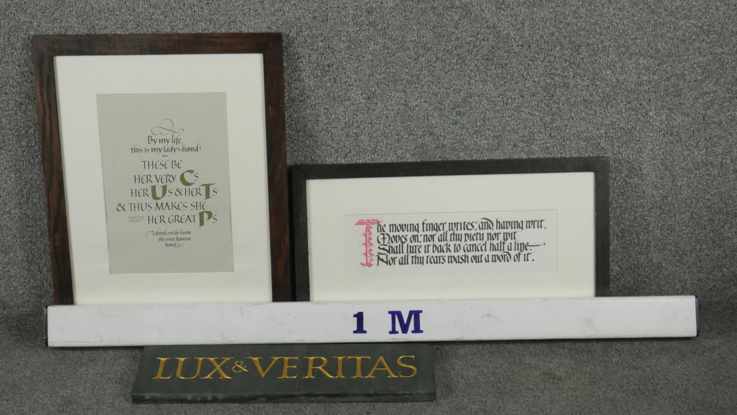 Two framed and glazed calligraphic artworks along with slate carved sign with gilded lettering. Sign - Image 5 of 5