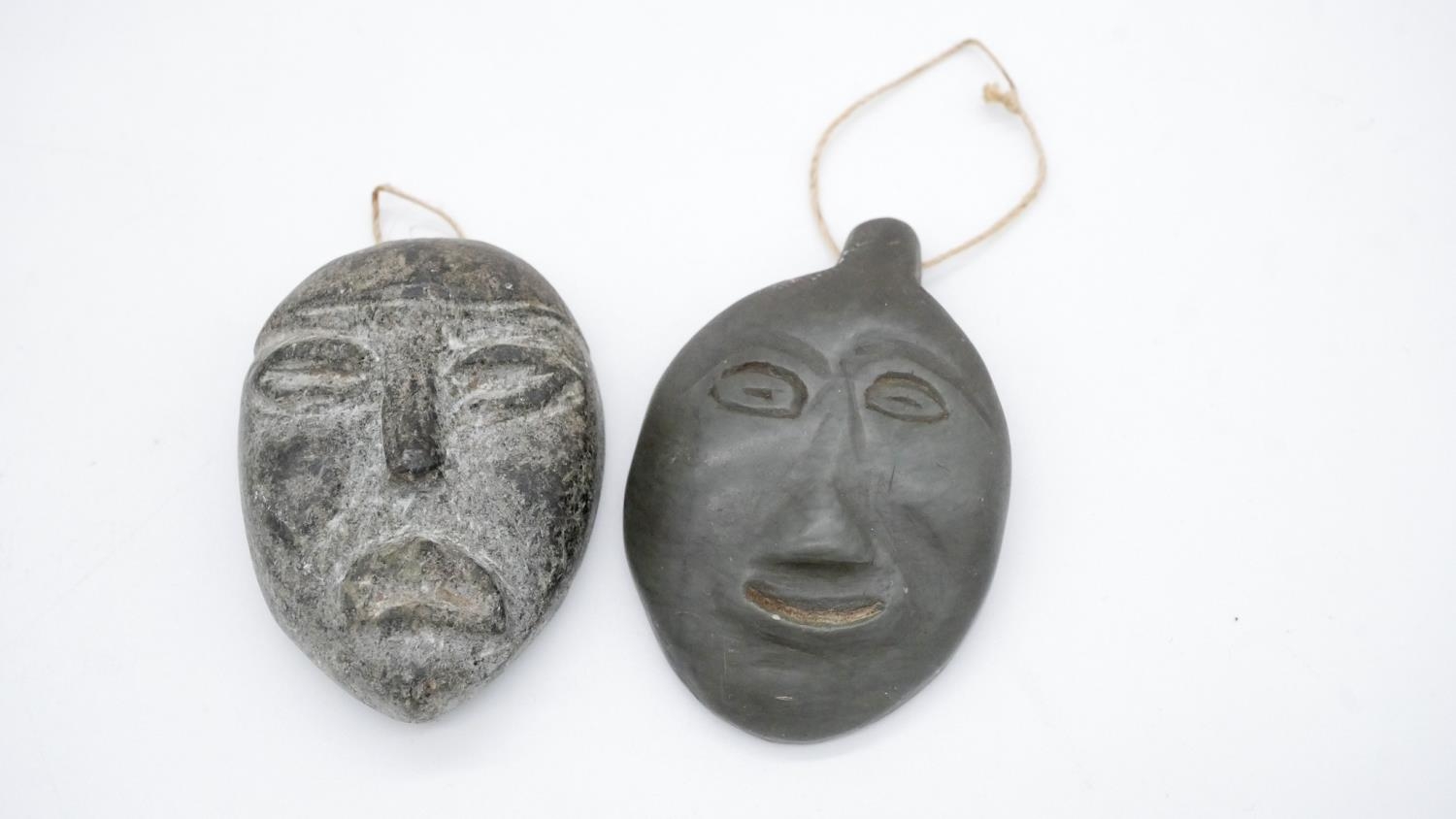 A collection of seven carved hardstone tribal figures, two of faces with hanging loops. H.16cm - Image 5 of 7