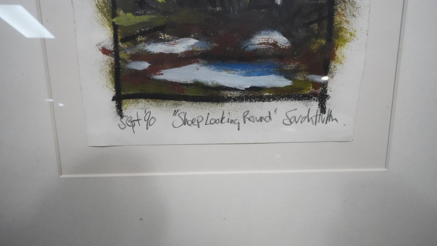 Sarah Hutton, a framed and glazed watercolour and oil on paper. Titled 'Sheep looking round', - Image 4 of 5