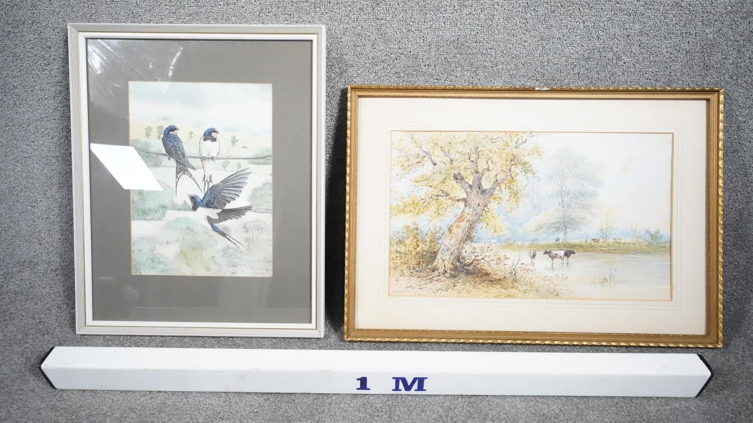 Two framed and glazed watercolours. One of a river with cows and one of swallows. H.46 W.66 - Image 8 of 8