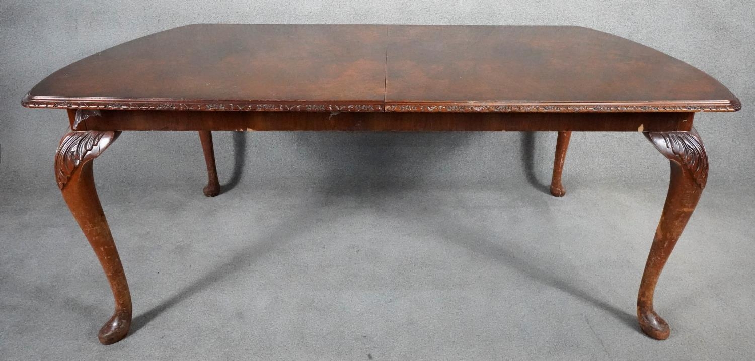 A mid century burr walnut Queen Anne style dining table with extra leaf. H.76 W.233 D.107cm - Image 2 of 7