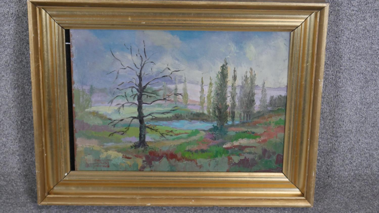 Jean Baptiste Grancher (1911-1974). A gilt framed oil on board, landscape, gallery label to the - Image 2 of 7