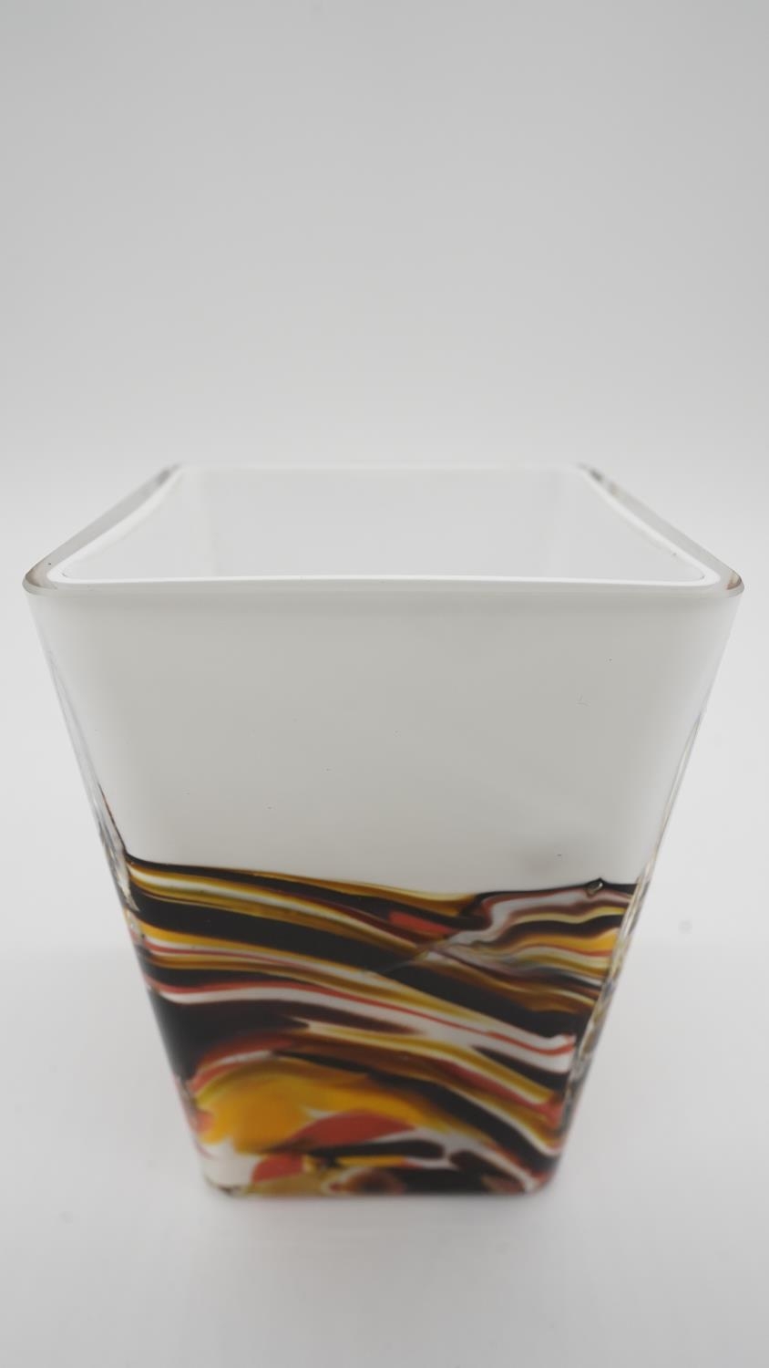 Three Art Glass vases with coloured marbling to the clear glass with opaque white glass core. H.16 - Image 5 of 6