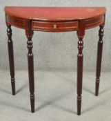 A Georgian style mahogany demi lune console table. H.73 W.75 D.38cm