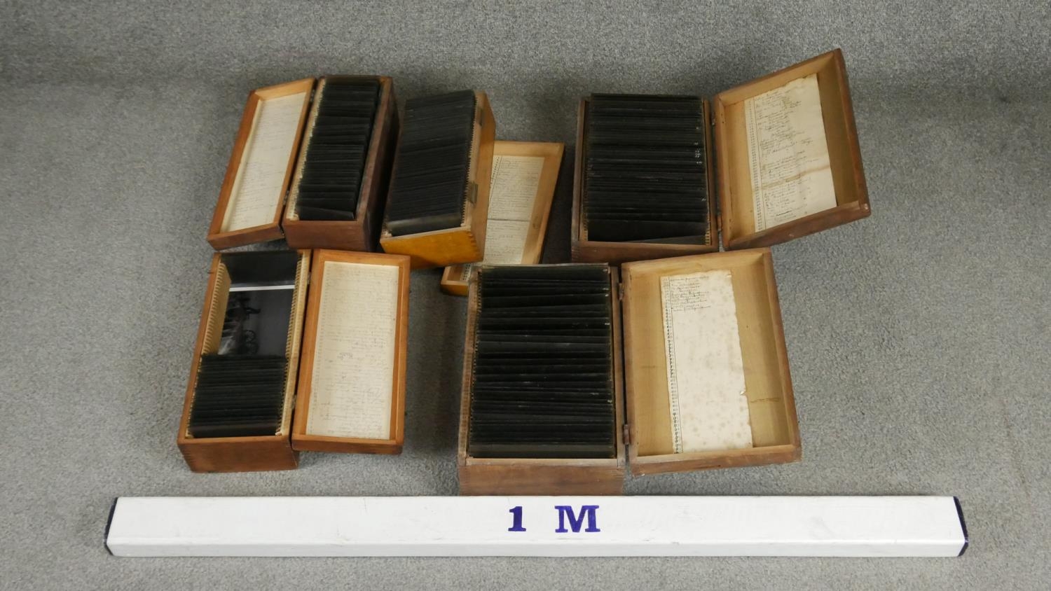 Five wooden boxes of Victorian glass projector slides. Each box with a hand written description of - Image 7 of 7