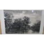 A framed and glazed etching of a lake scene titled 'La Mare aux Chenes'. H.37 W.43cm