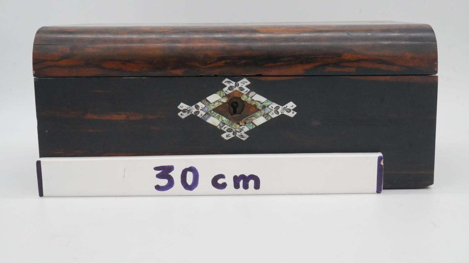 A 19th century coromandel writing slope with mother of pearl inlay. H.15cm (interior missing). - Image 5 of 5