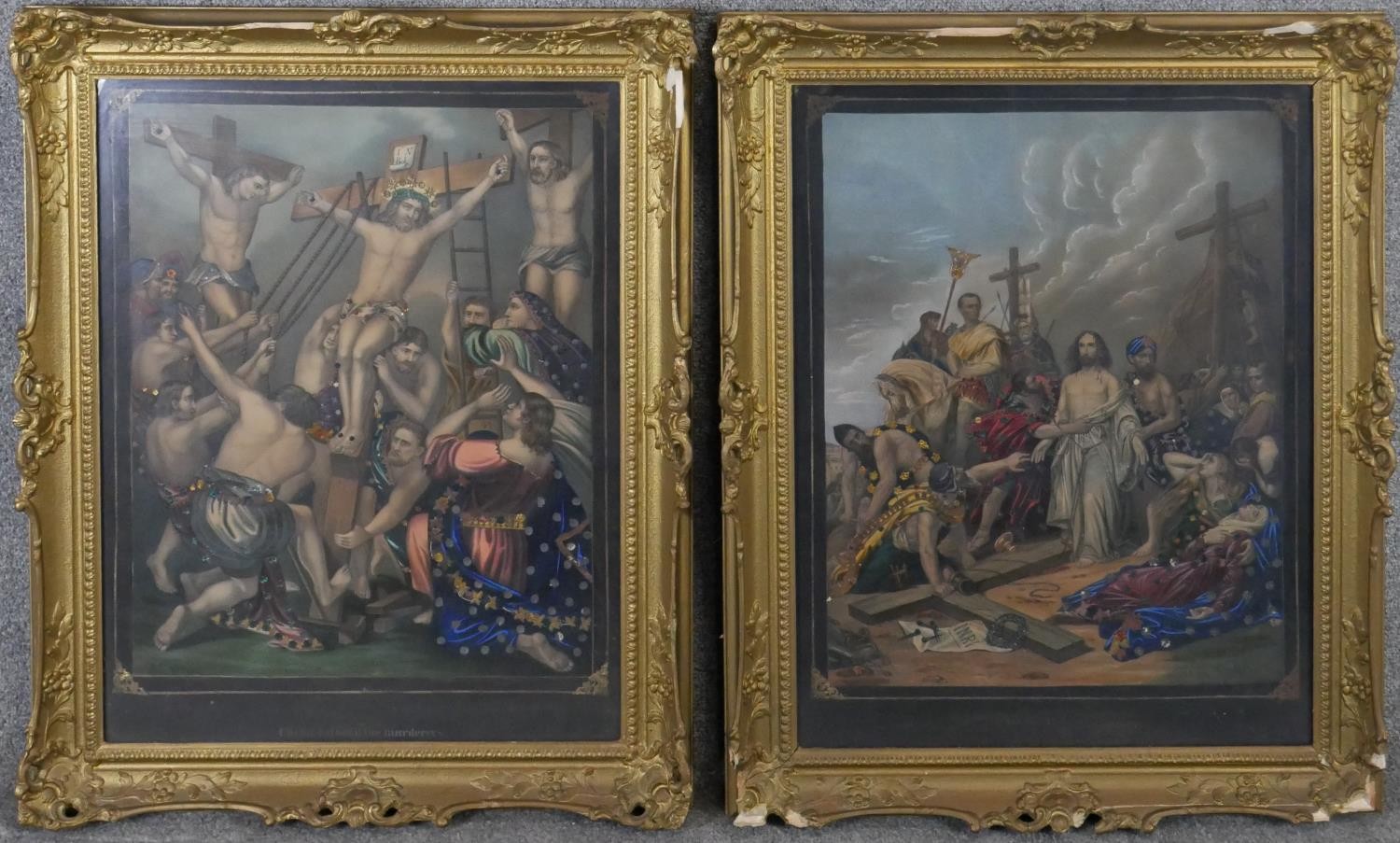 Two Victorian carved gilt framed and glazed tinsel pictures, hand coloured lithographic prints of