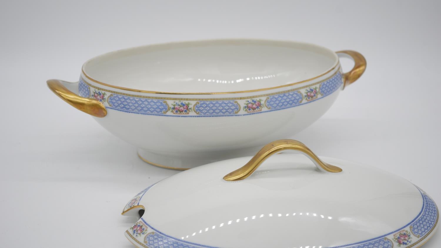 Two pieces of Reynaud Limoges porcelain. A large oval lidded soup tureen and a two handled serving - Image 6 of 8