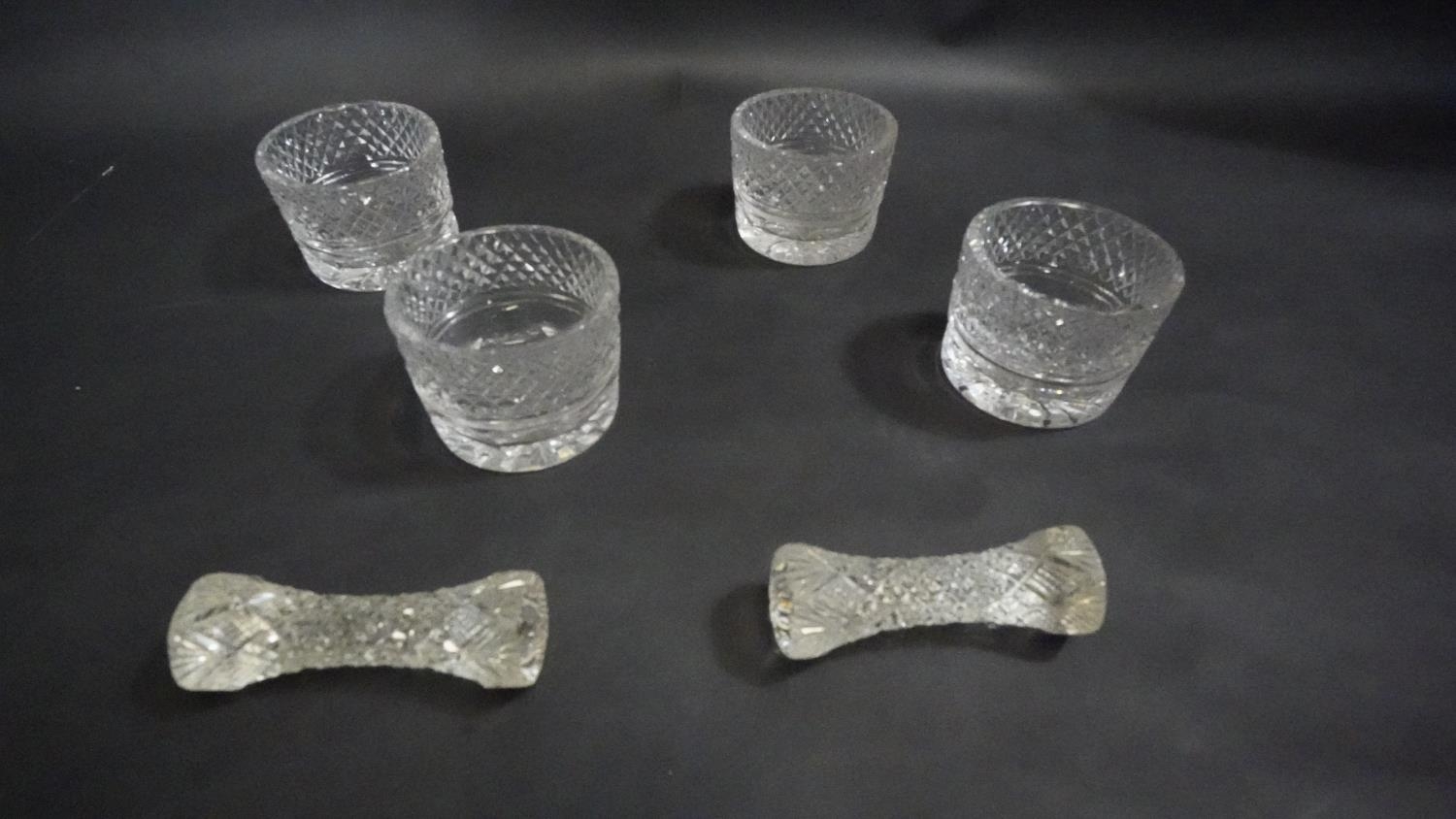 Four cut lead crystal candle holders and two Victorian cut glass knife rests. H.6cm - Image 2 of 4