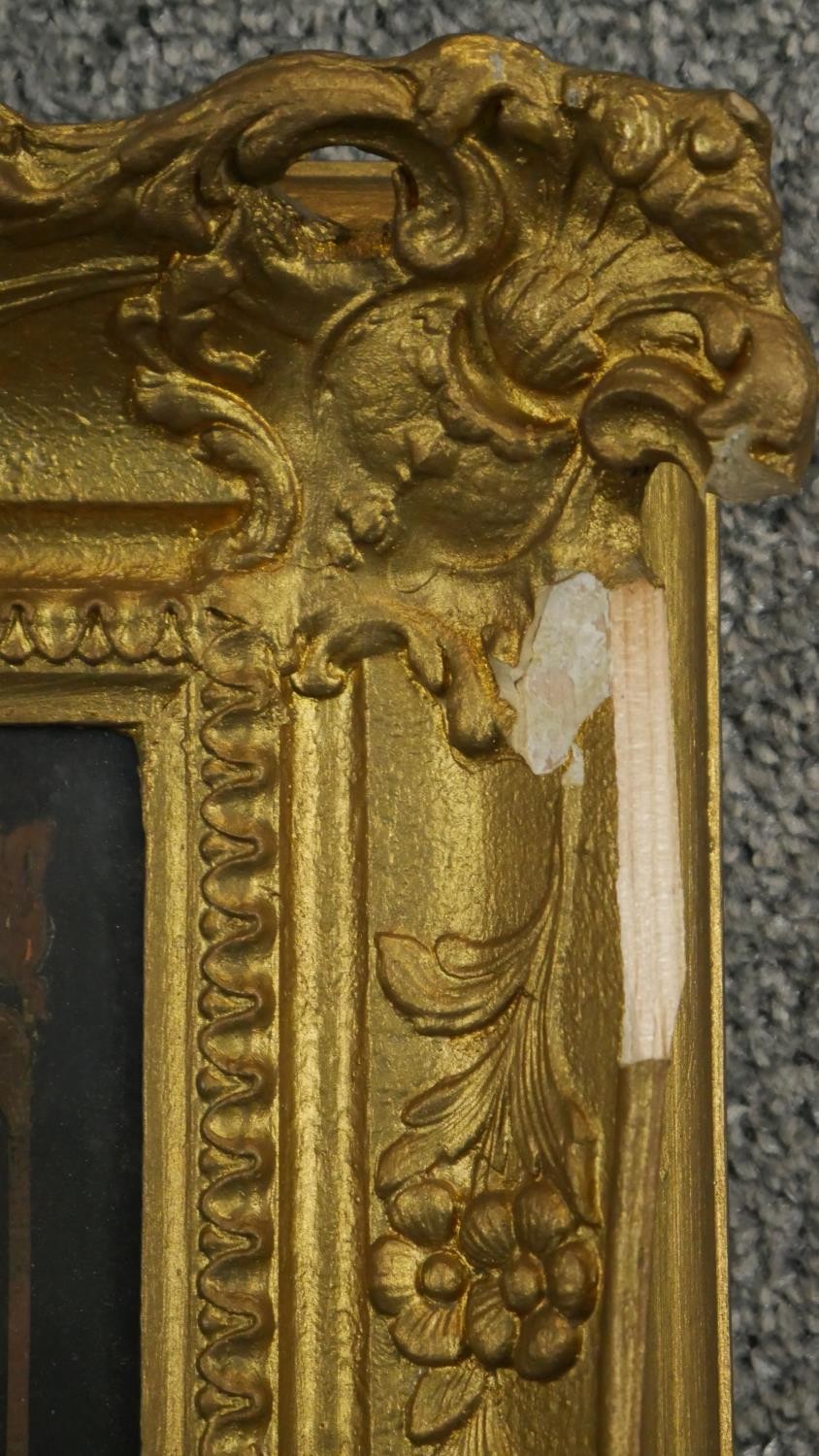 Two Victorian carved gilt framed and glazed tinsel pictures, hand coloured lithographic prints of - Image 8 of 9