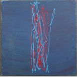 An abstract oil on canvas in reds and blues, unsigned. H.76 W.76cm
