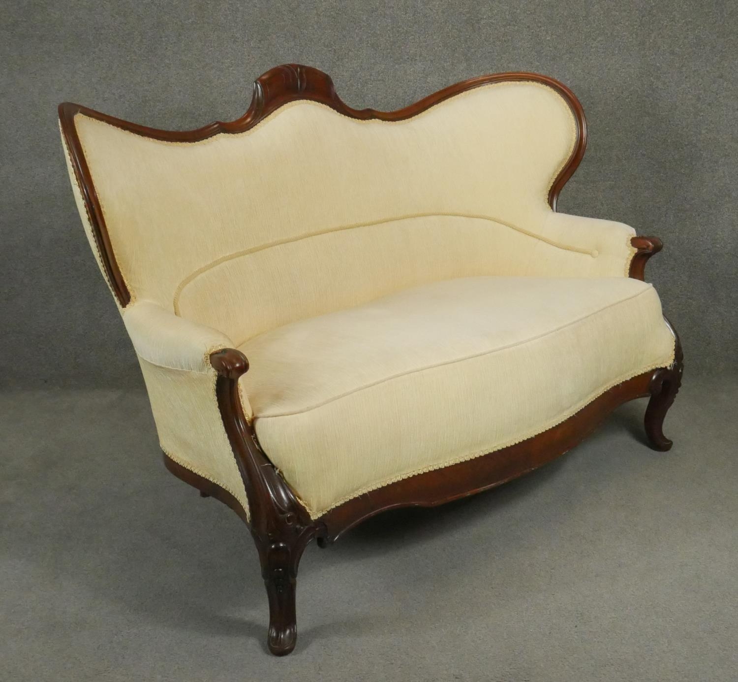 A 19th century mahogany sofa in carved and shaped frame on cabriole supports. H.100 W.156 D.70cm - Image 2 of 4