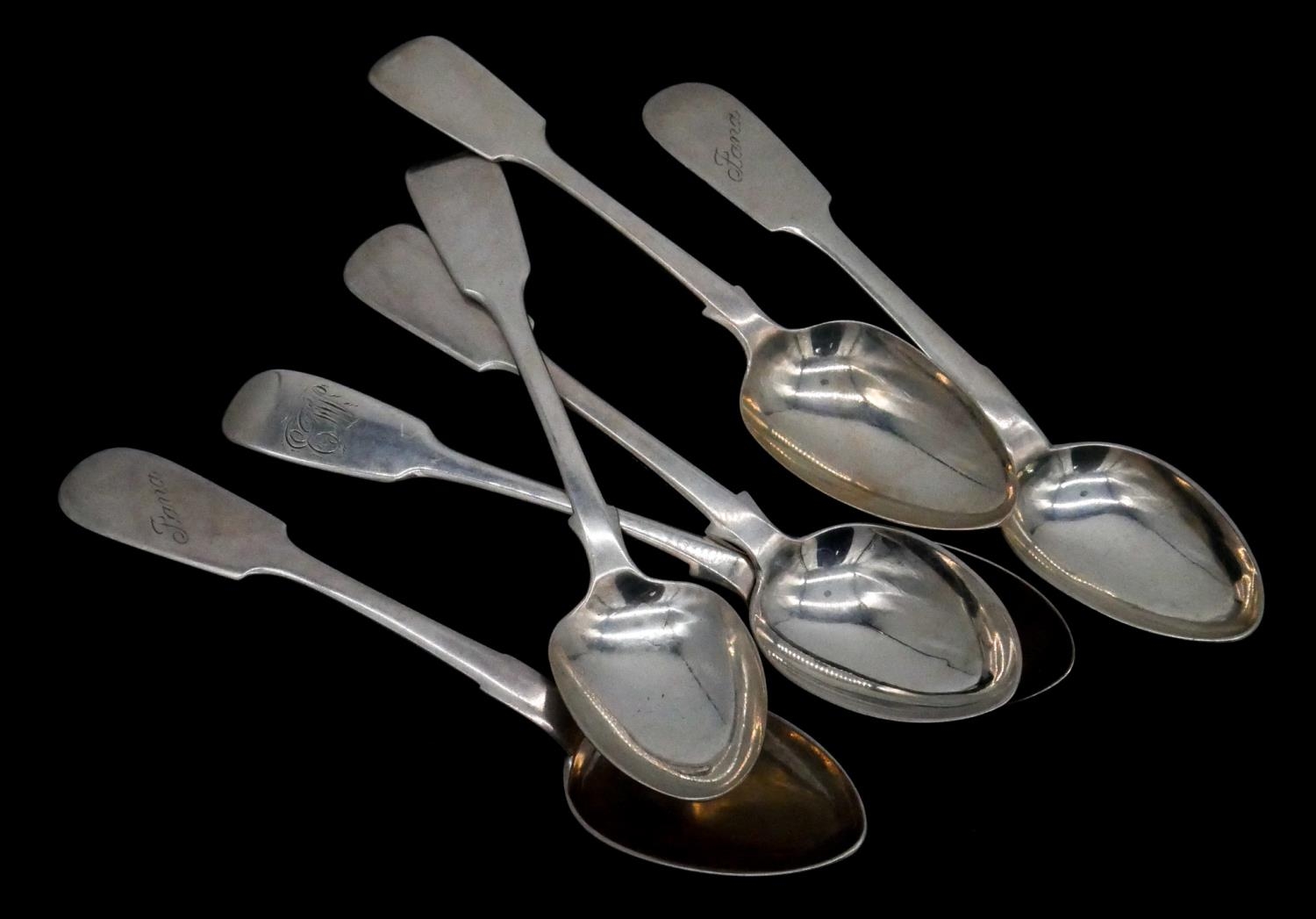 A collection of six silver dessert spoons. Including a pair of Russian silver spoons, maker - Image 2 of 6